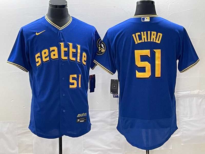 Mens Seattle Mariners #51 Ichiro Suzuki Number Blue 2023 City Connect Flex Base Stitched Jerseys->seattle mariners->MLB Jersey